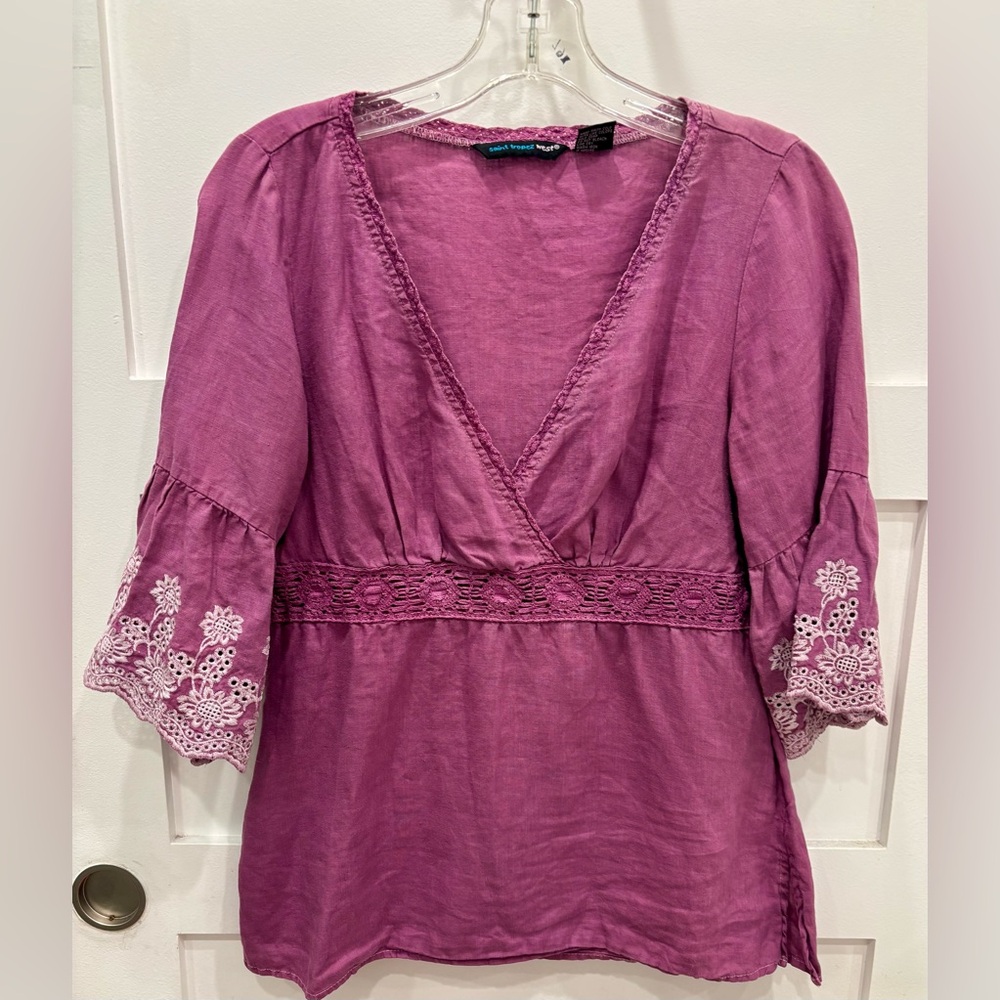 Saint Tropez West Purple Embroidered V-Neck Babydoll Peasant Top